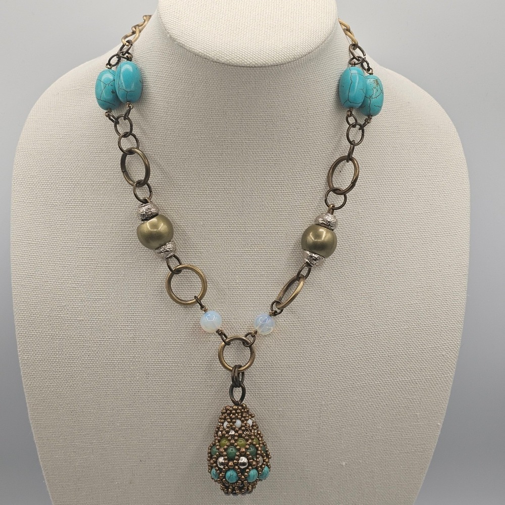 Bronze & Turquoise Tone Beaded Pendant Necklace 22" Boho Chic Earthy Southwest - Picture 2 of 16